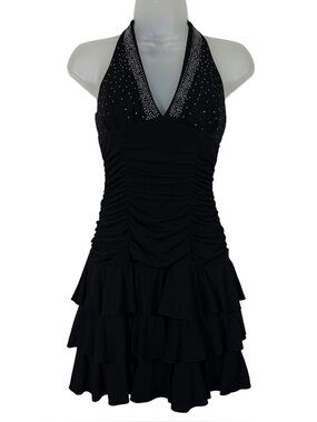 Vintage Y2K XOXO Collection Black Halter Tie Ruffle Mini Dress Party McBling